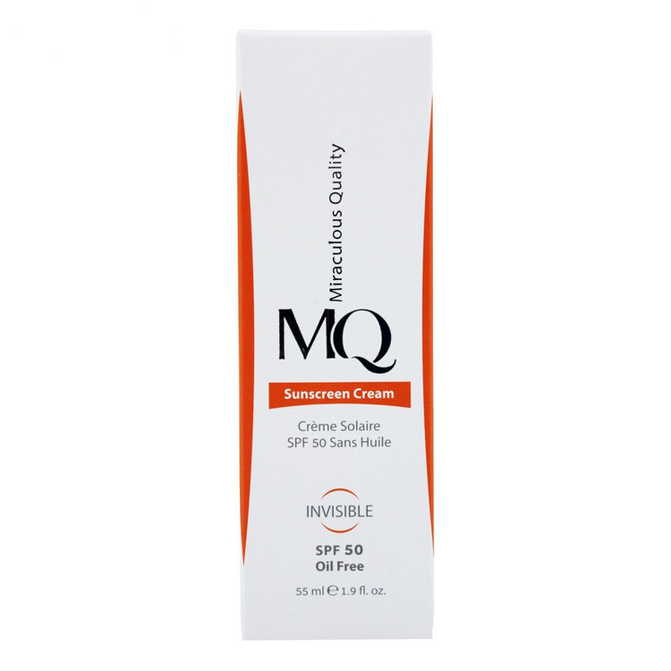 کرم ضد آفتاب بی رنگ ام کیو SPF50 مدل INVISIBLE OIL FREE مناسب پوست های چرب حجم 55 میلی لیتر